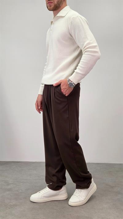PİLELİ BAGGY KUMAŞ PANTOLON KAHVERENGİ