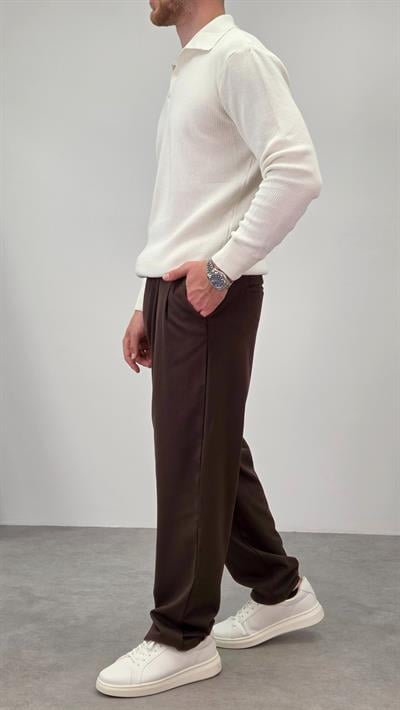 PİLELİ BAGGY KUMAŞ PANTOLON KAHVERENGİ