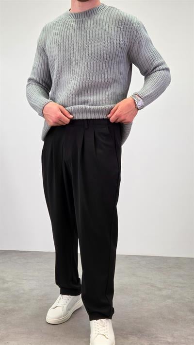 PİLELİ BAGGY KUMAŞ PANTOLON SİYAH  
