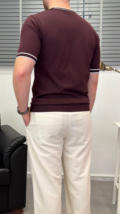 ŞERİTLİ BİSİKLET YAKA ÖRME T-SHIRT BORDO
