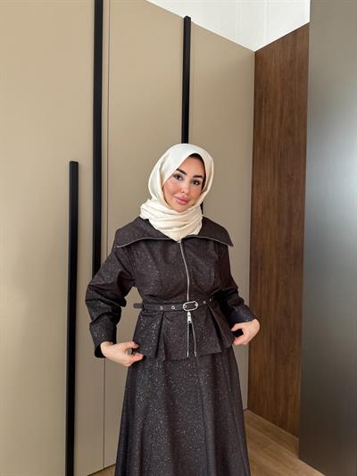 Işıltılı Kot Etekli Takım Kahve