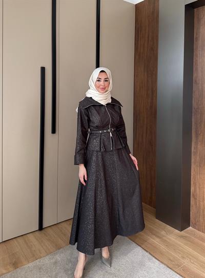 Işıltılı Kot Etekli Takım Kahve