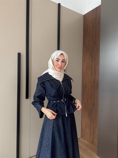 Işıltılı Kot Etekli Takım Lacivert