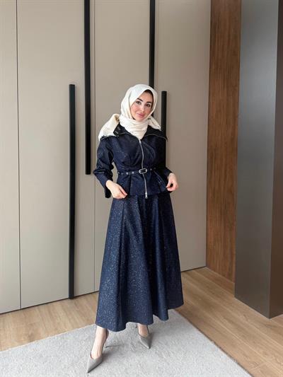 Işıltılı Kot Etekli Takım Lacivert