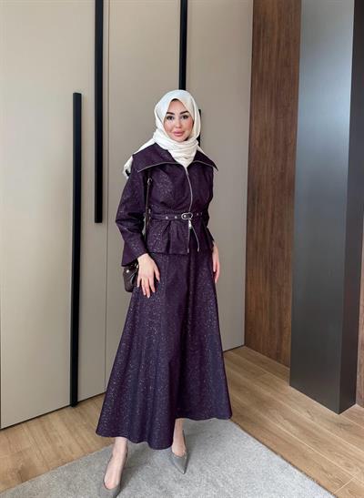 Işıltılı Kot Etekli Takım Mürdüm