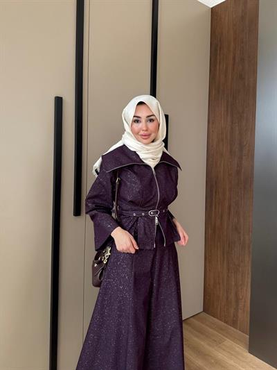 Işıltılı Kot Etekli Takım Mürdüm