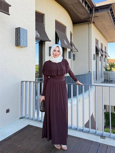 Yakalı Drape Elbise Kahve
