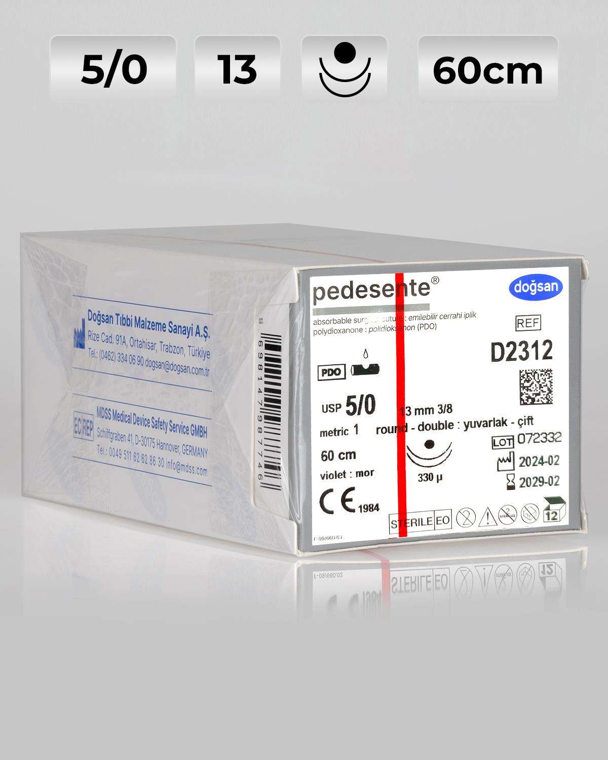 D2312 DOĞSAN Pedesente 5/0 13 3/8 Yuvarlak (●),çift 60cm PDO Emilebilir Sütür 12 Ad./Pkt