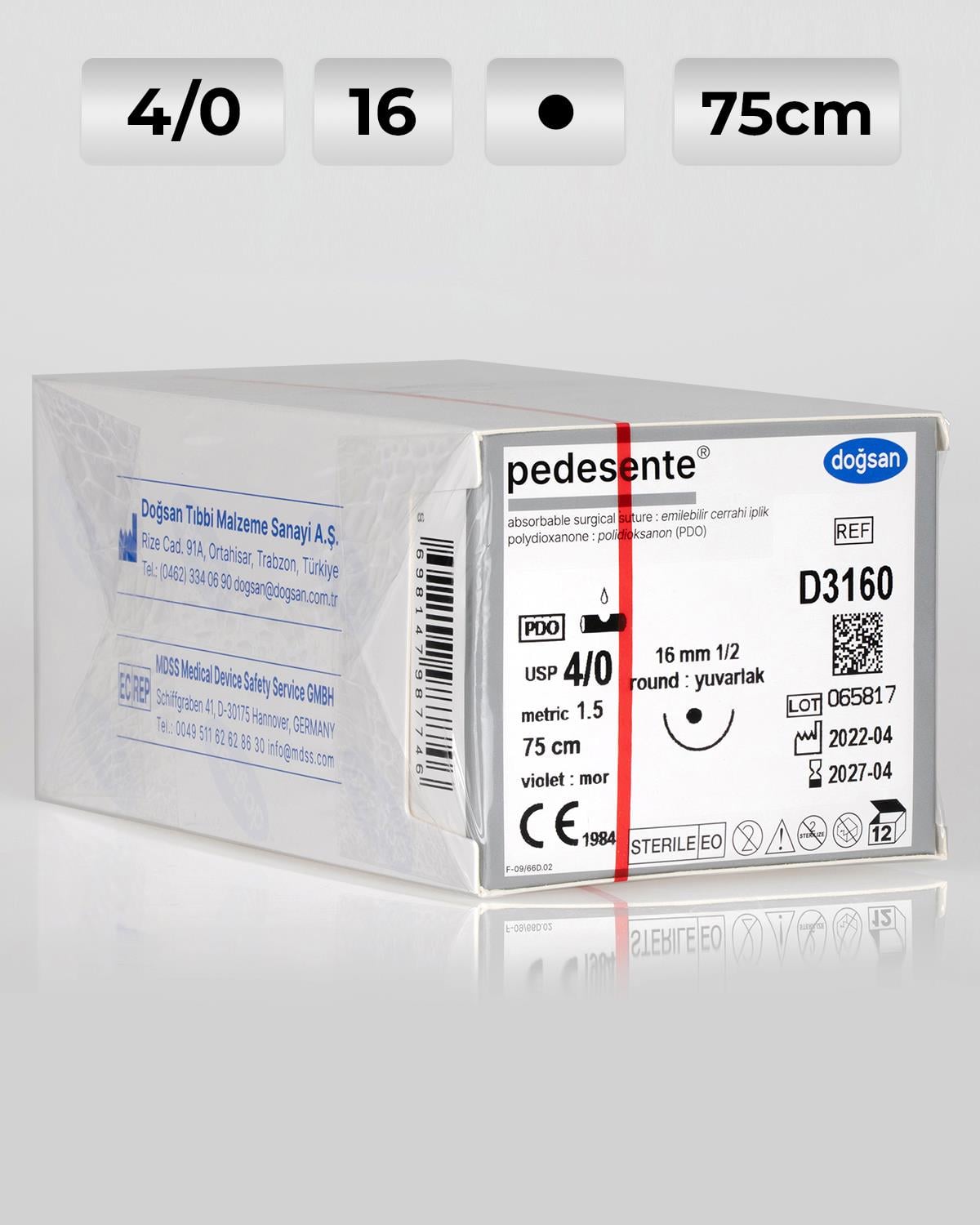 D3160 DOĞSAN Pedesente 4/0 16 1/2 Yuvarlak (●) 75cm PDO Emilebilir Sütür 12 Ad./Pkt