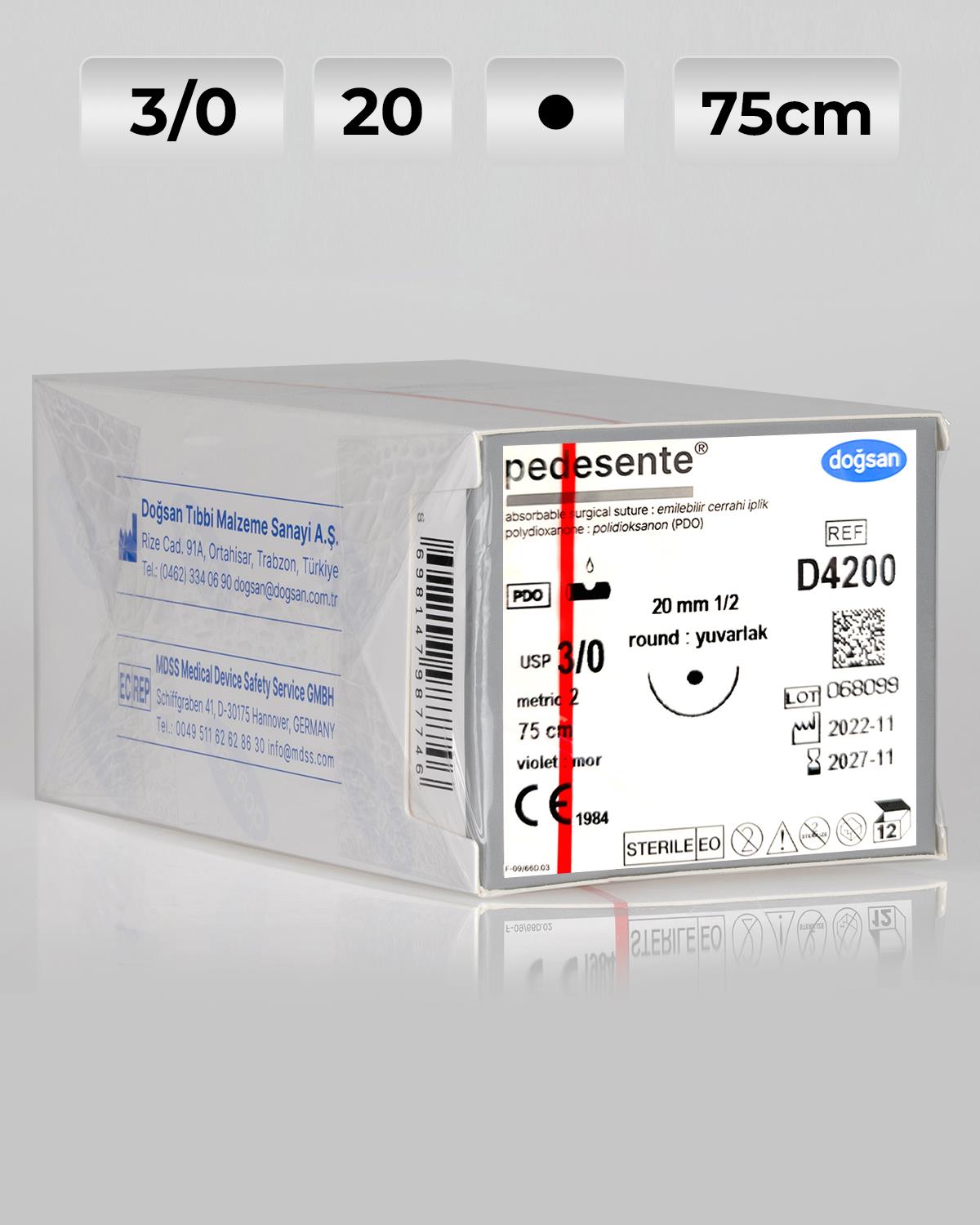 D4200 DOĞSAN Pedesente 3/0 20 1/2 Yuvarlak (●) 75cm PDO Emilebilir Sütür 12 Ad./Pkt