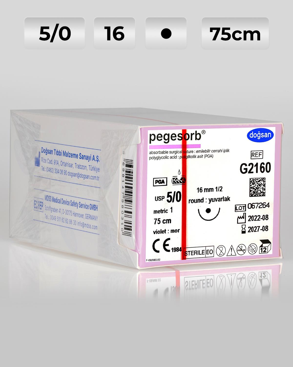 G2160 DOĞSAN Pegesorb 5/0 16 1/2 Yuvarlak (●) 75cm PGA Emilebilir Sütür 12 Ad./Pkt