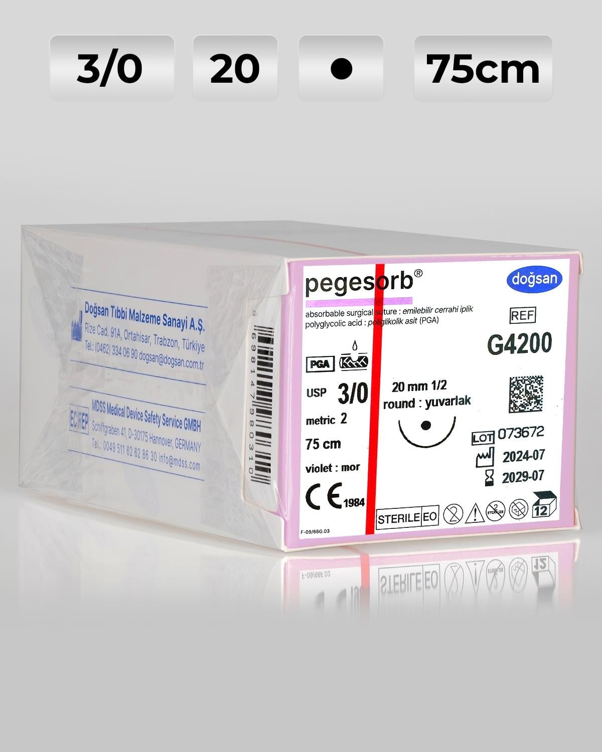 G4200 DOĞSAN Pegesorb 3/0 20 1/2 Yuvarlak (●) 75cm PGA Emilebilir Sütür 12 Ad./Pkt