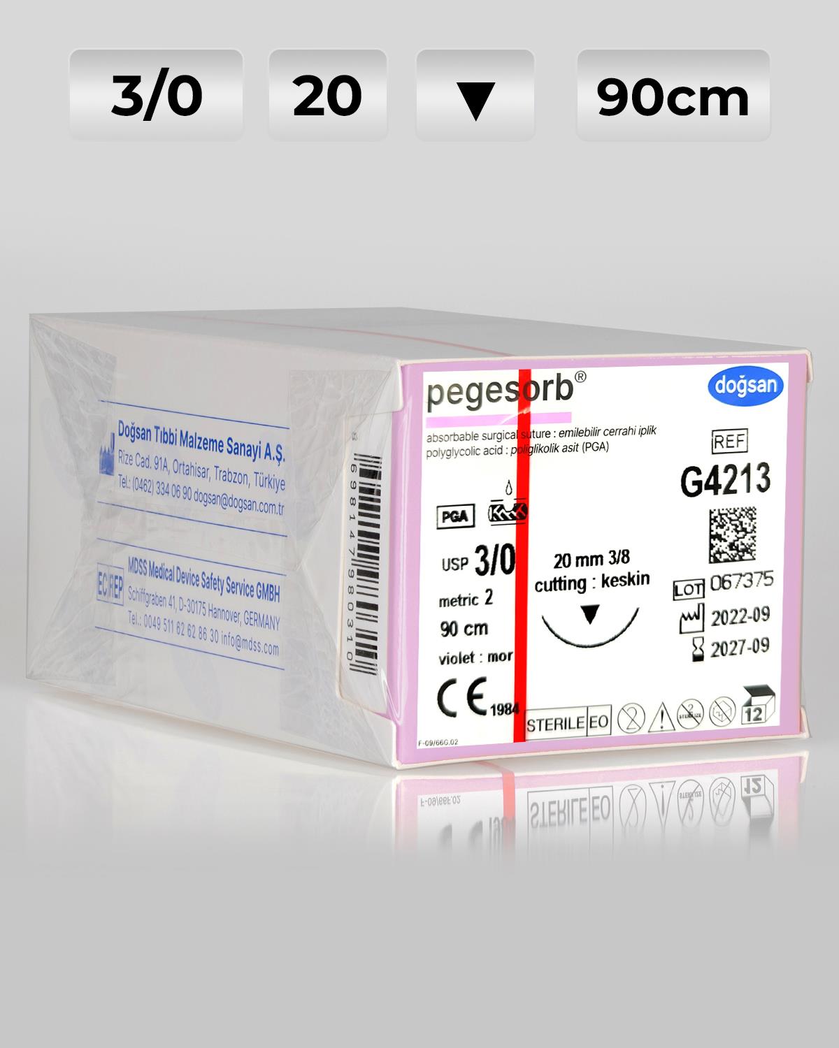 G4213 DOĞSAN Pegesorb 3/0 20 3/8 Keskin (▼) 90cm PGA Emilebilir Sütür 12 Ad./Pkt
