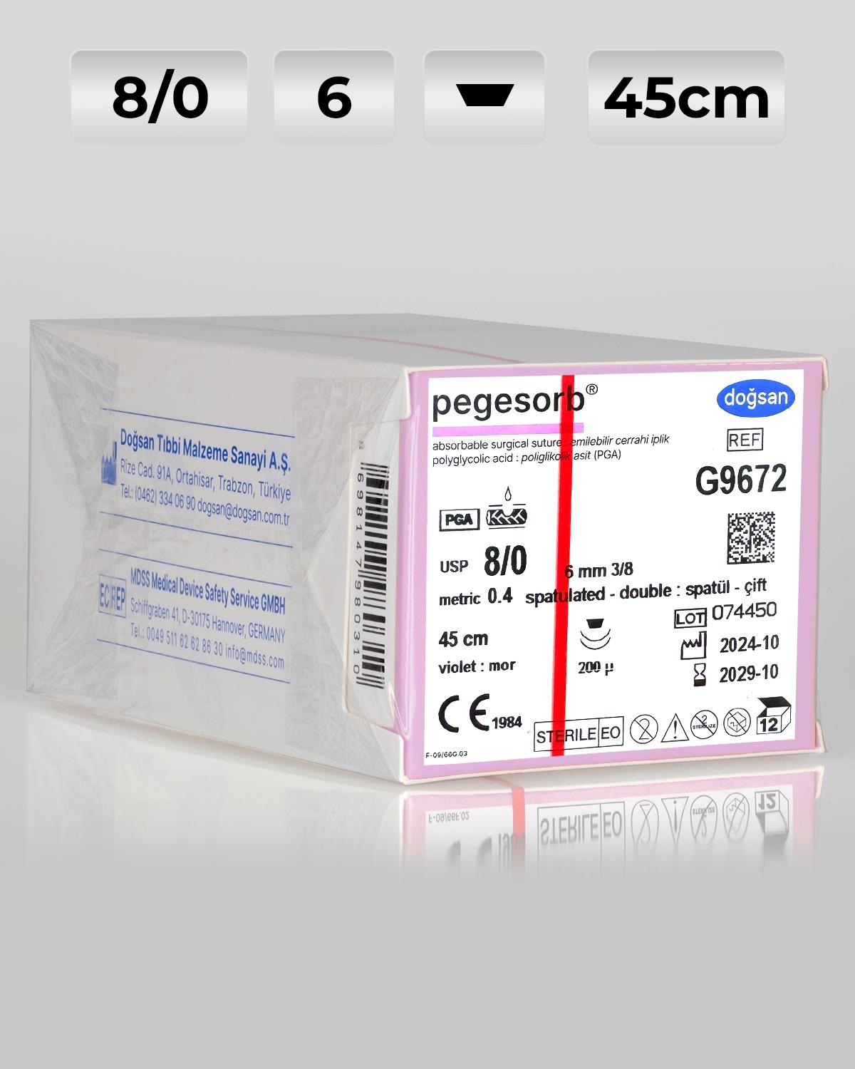 G9672 DOĞSAN Pegesorb 8/0 6 3/8 Spatül 45cm PGA Emilebilir Sütür 12 Ad./Pkt