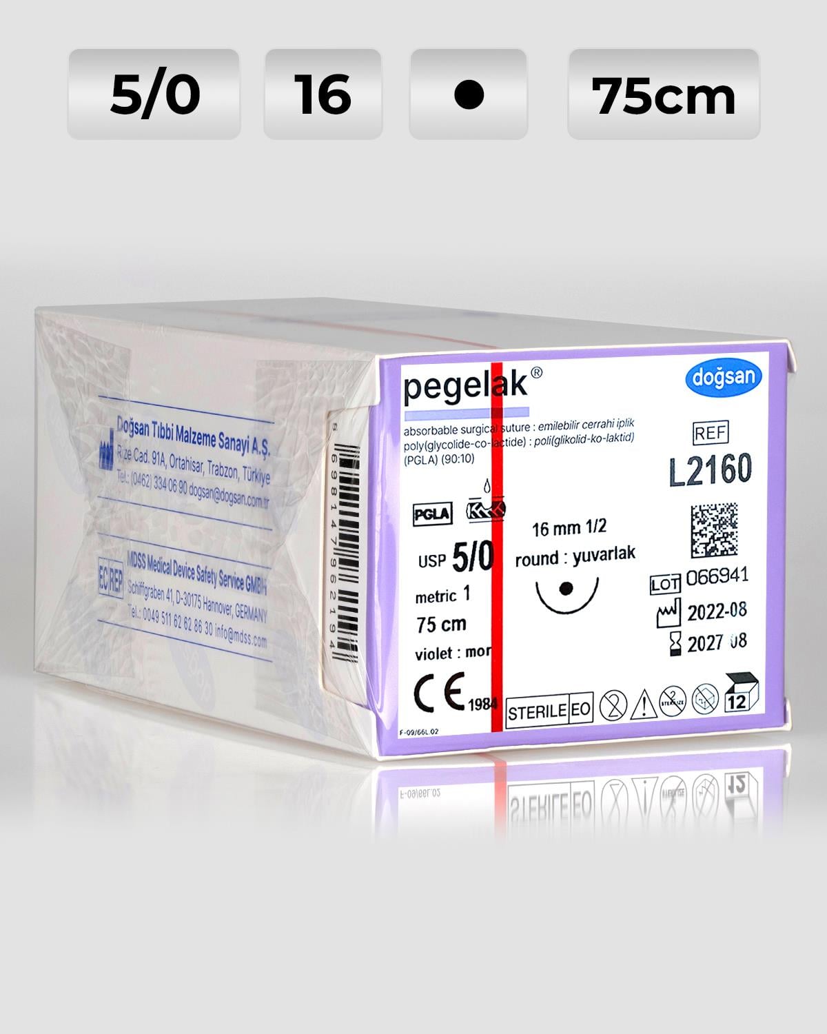 L2160 DOĞSAN Pegelak 5/0 16 1/2 Yuvarlak (●) 75cm PGLA Emilebilir Sütür 12 Ad./Pkt