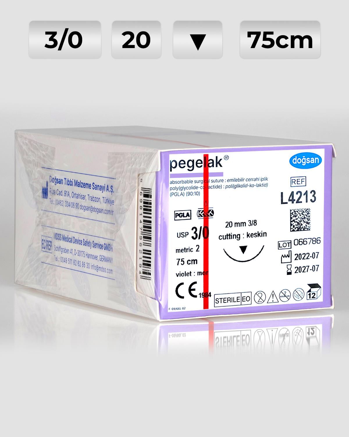 L4213 DOĞSAN Pegelak 3/0 20 3/8 Keskin (▼) 75cm PGLA Emilebilir Sütür 12 Ad./Pkt