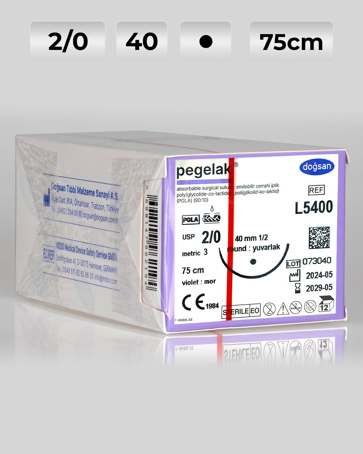 L5400 DOĞSAN Pegelak 2/0 40 1/2 Yuvarlak (●) 75cm PGLA Emilebilir Sütür 12 Ad./Pkt