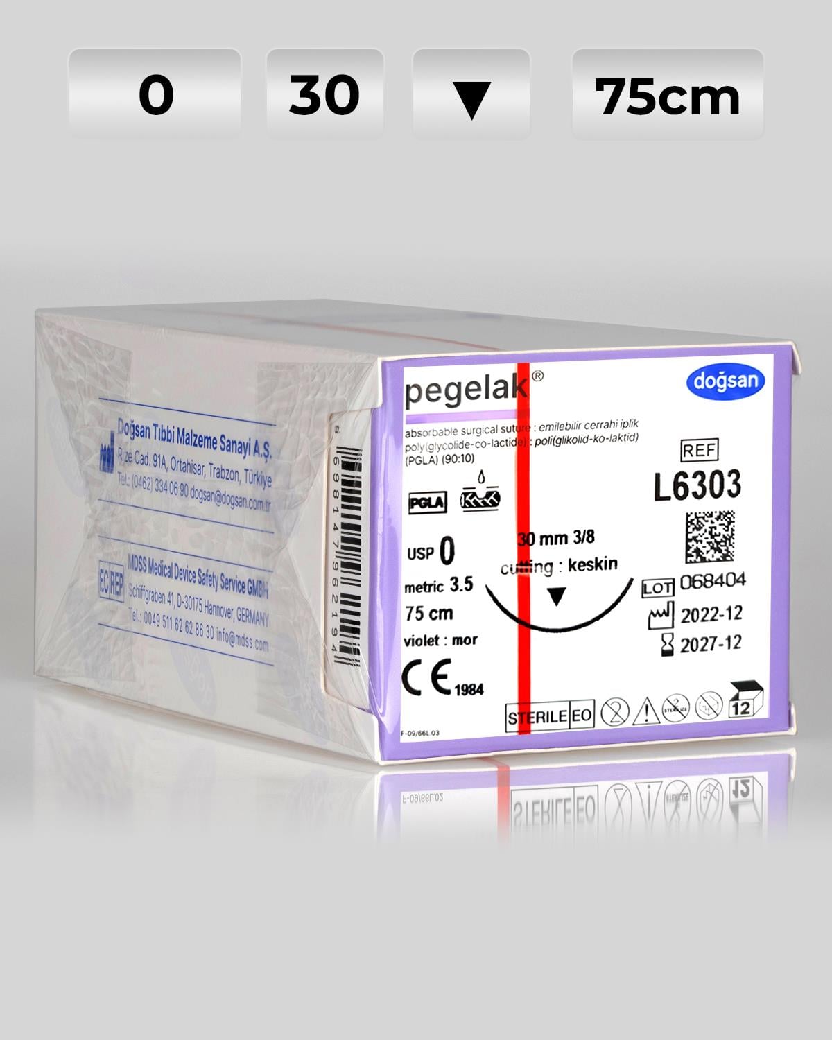 L6303 DOĞSAN Pegelak 0 30 3/8 Keskin (▼) 75cm PGLA Emilebilir Sütür 12 Ad./Pkt