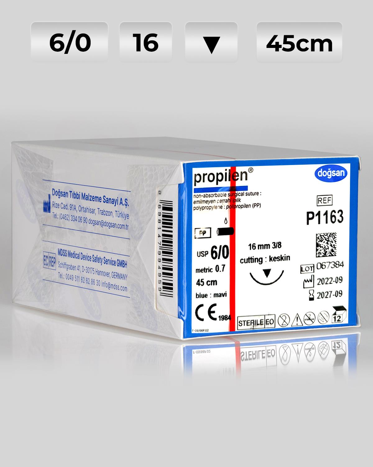 P1163 DOĞSAN Propilen 6/0 16 3/8 Keskin (▼) 45cm Polipropilen Emilemeyen Sütür 12 Ad./Pkt