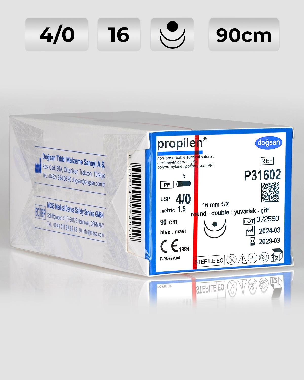 P31602 DOĞSAN Propilen 4/0 16 1/2 Yuvarlak (●),çift 90cm Polipropilen Emilemeyen Sütür 12 Ad./Pkt