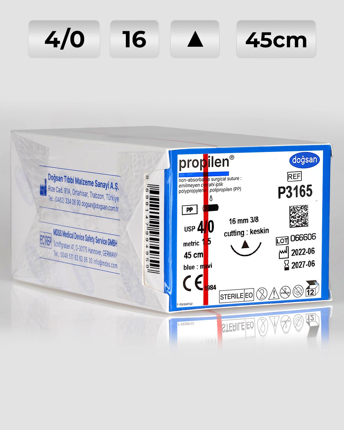 P3165 DOĞSAN Propilen 4/0 16 3/8 Keskin (Δ) 45cm Polipropilen Emilemeyen Sütür 12 Ad./Pkt