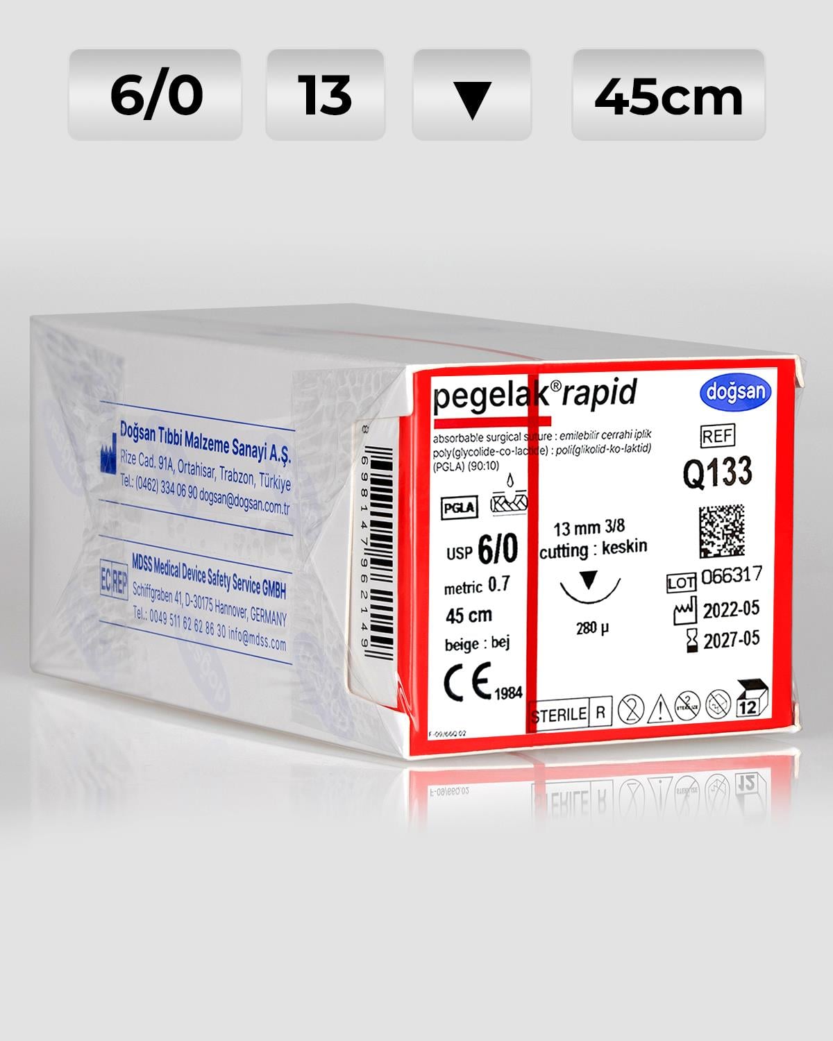 Q133 DOĞSAN Pegelak Rapid 6/0 13 3/8 Keskin (▼) 45cm PGLA Emilebilir Sütür 12 Ad./Pkt