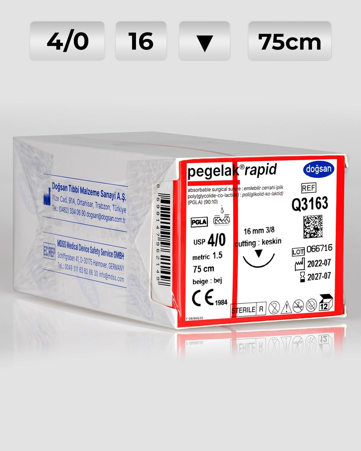 Q3163 DOĞSAN Pegelak Rapid 4/0 16 3/8 Keskin (▼) 75cm PGLA Emilebilir Sütür 12 Ad./Pkt