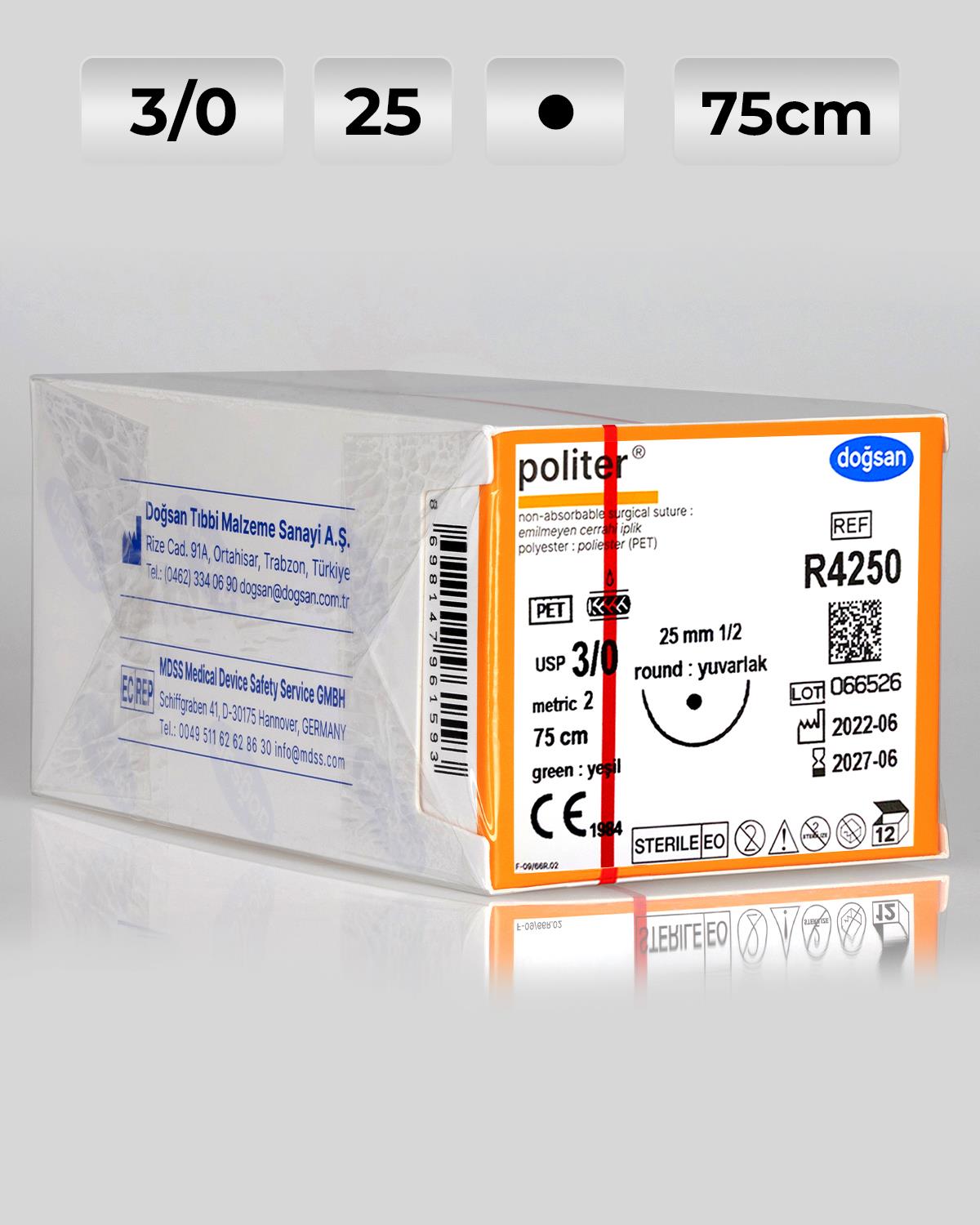 R4250 DOĞSAN Politer 3/0 25 1/2 Yuvarlak (●) 75cm Polyester Emilemeyen Sütür 12 Ad./Pkt