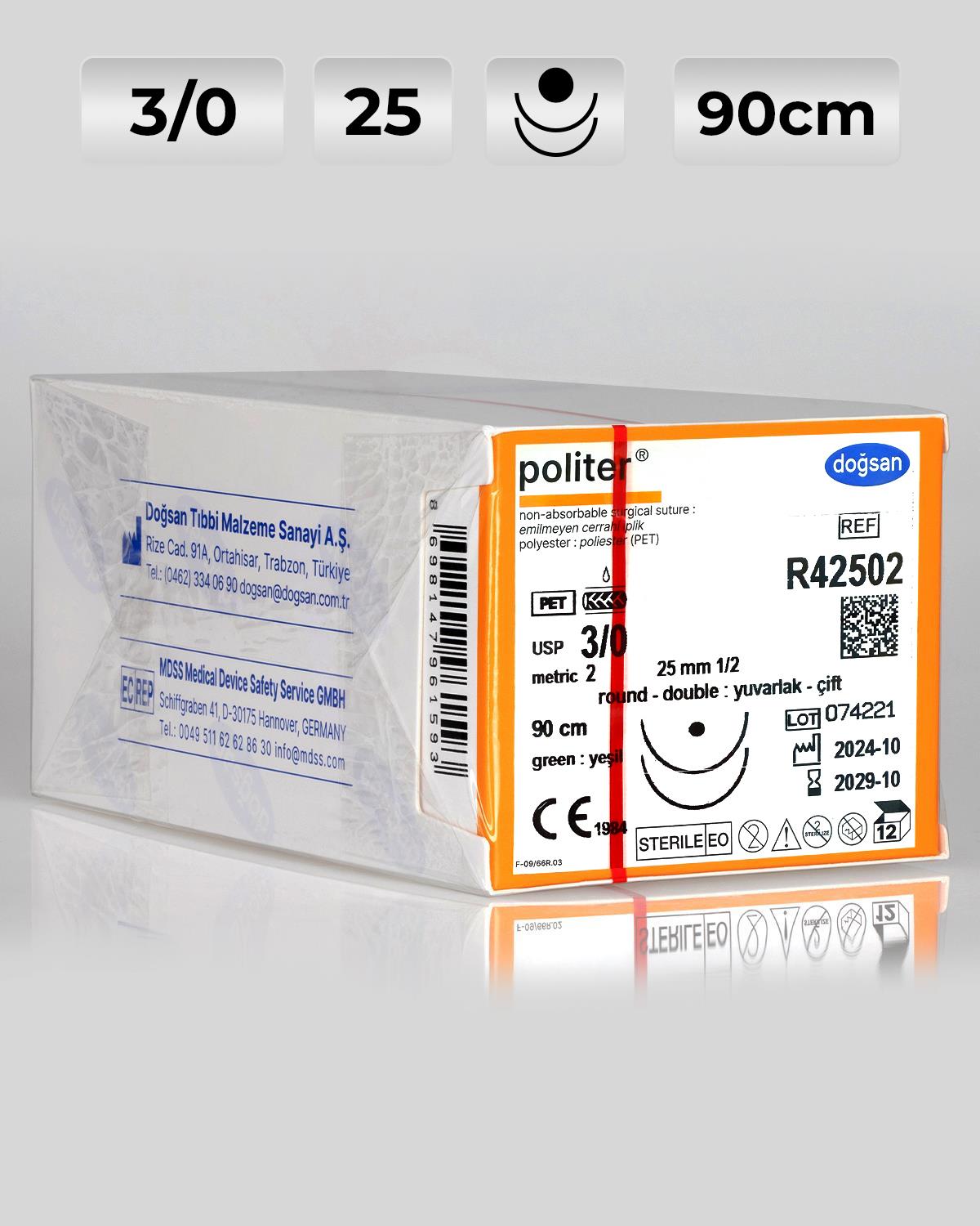 R42502 DOĞSAN Politer 3/0 25 1/2 Yuvarlak (●),çift 90cm Polyester Emilemeyen Sütür 12 Ad./Pkt