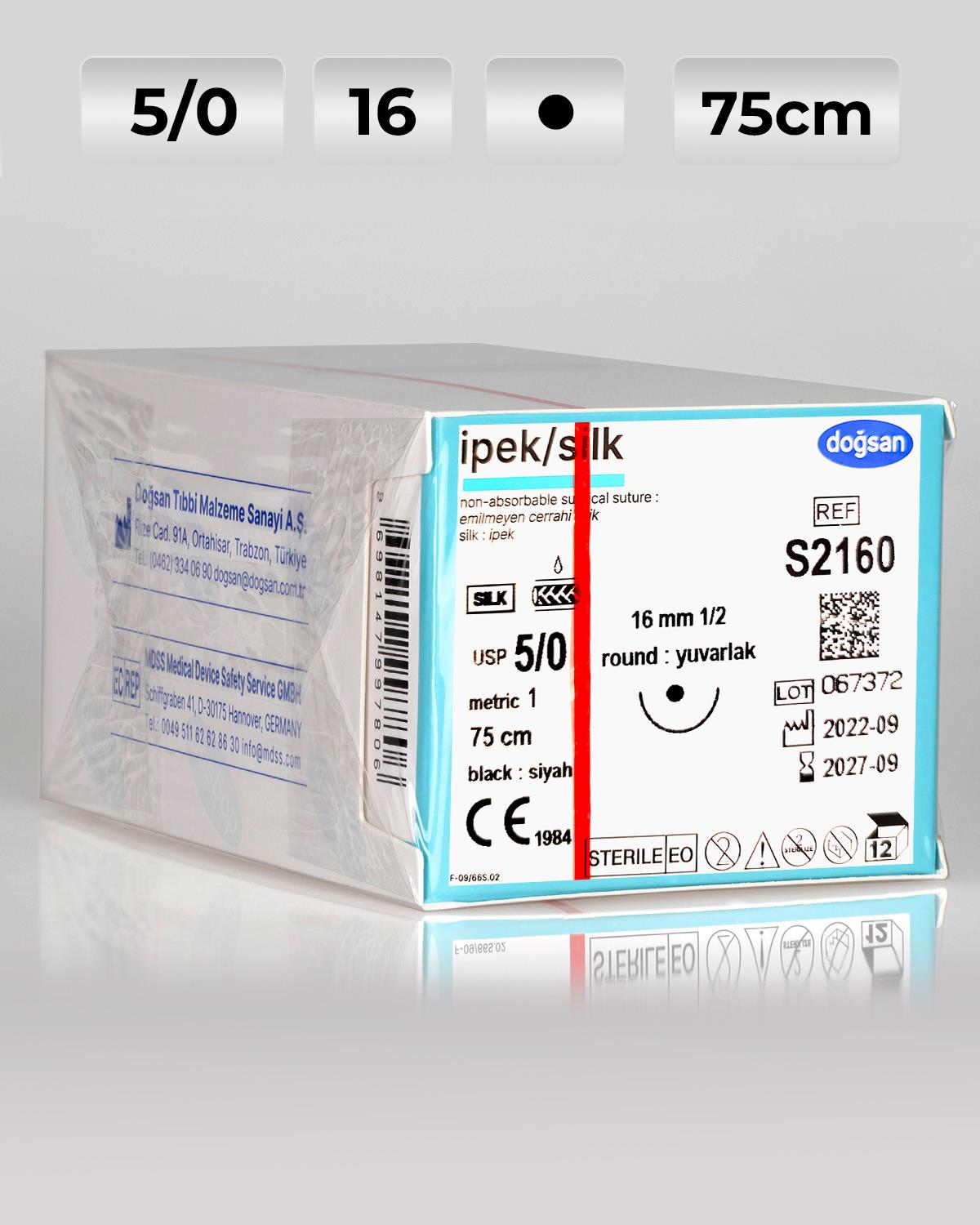 S2160 DOĞSAN İpek 5/0 16 1/2 Yuvarlak (●) 75cm İpek Emilemeyen Sütür 12 Ad./Pkt