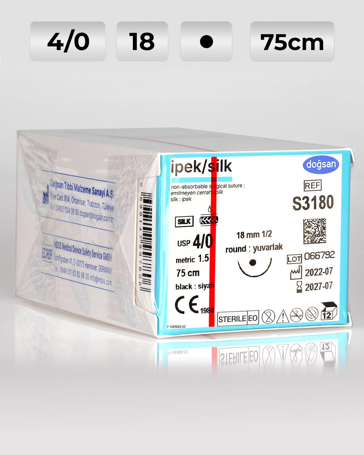 S3180 DOĞSAN İpek 4/0 18 1/2 Yuvarlak (●) 75cm İpek Emilemeyen Sütür 12 Ad./Pkt