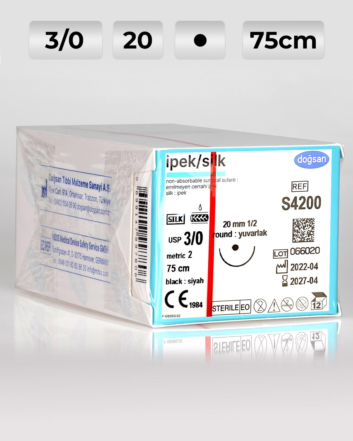 S4200 DOĞSAN İpek 3/0 20 1/2 Yuvarlak (●) 75cm İpek Emilemeyen Sütür 12 Ad./Pkt