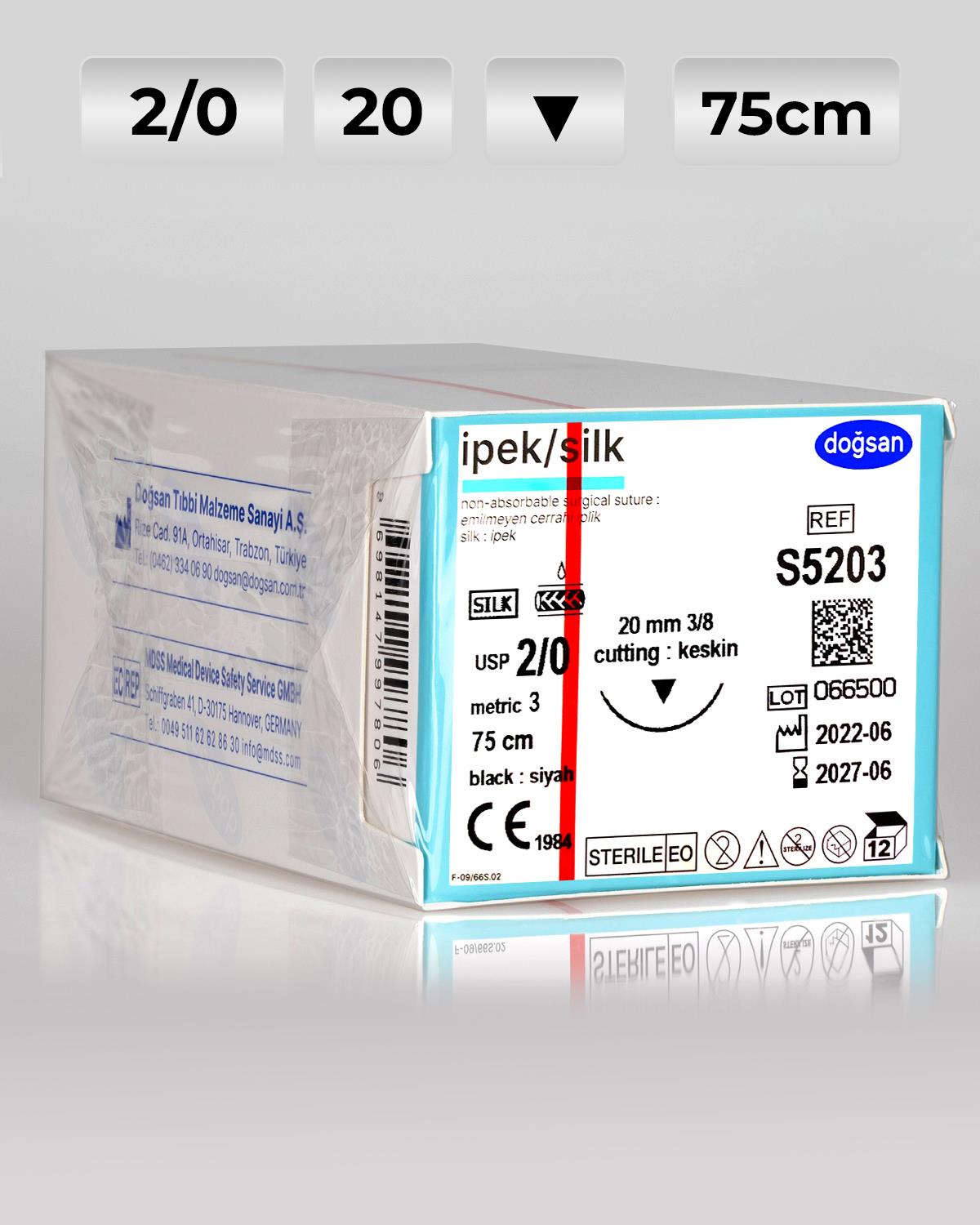 S5203 DOĞSAN İpek 2/0 20 3/8 Keskin (▼) 75cm İpek Emilemeyen Sütür 12 Ad./Pkt