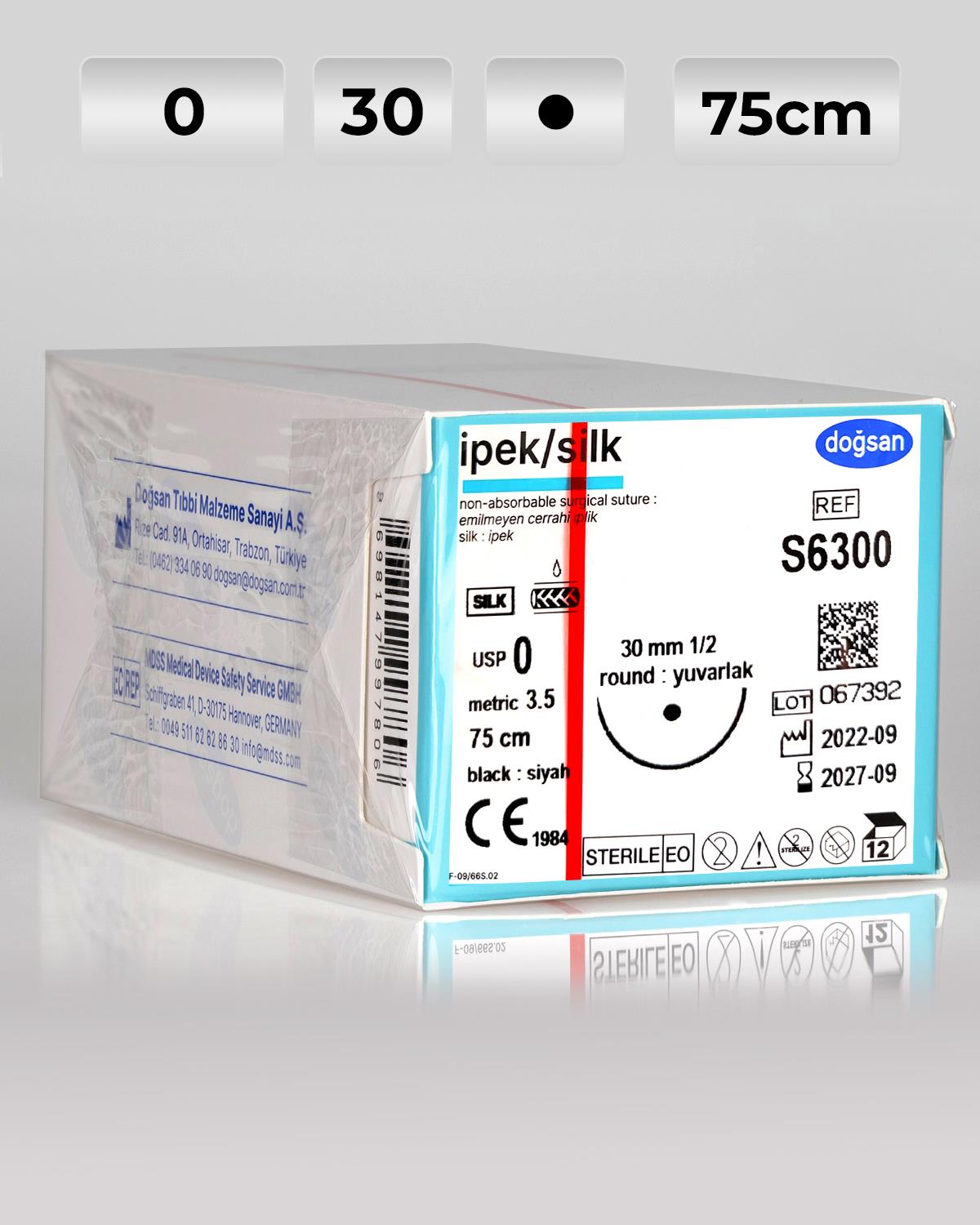 S6300 DOĞSAN İpek 0 30 1/2 Yuvarlak (●) 75cm İpek Emilemeyen Sütür 12 Ad./Pkt