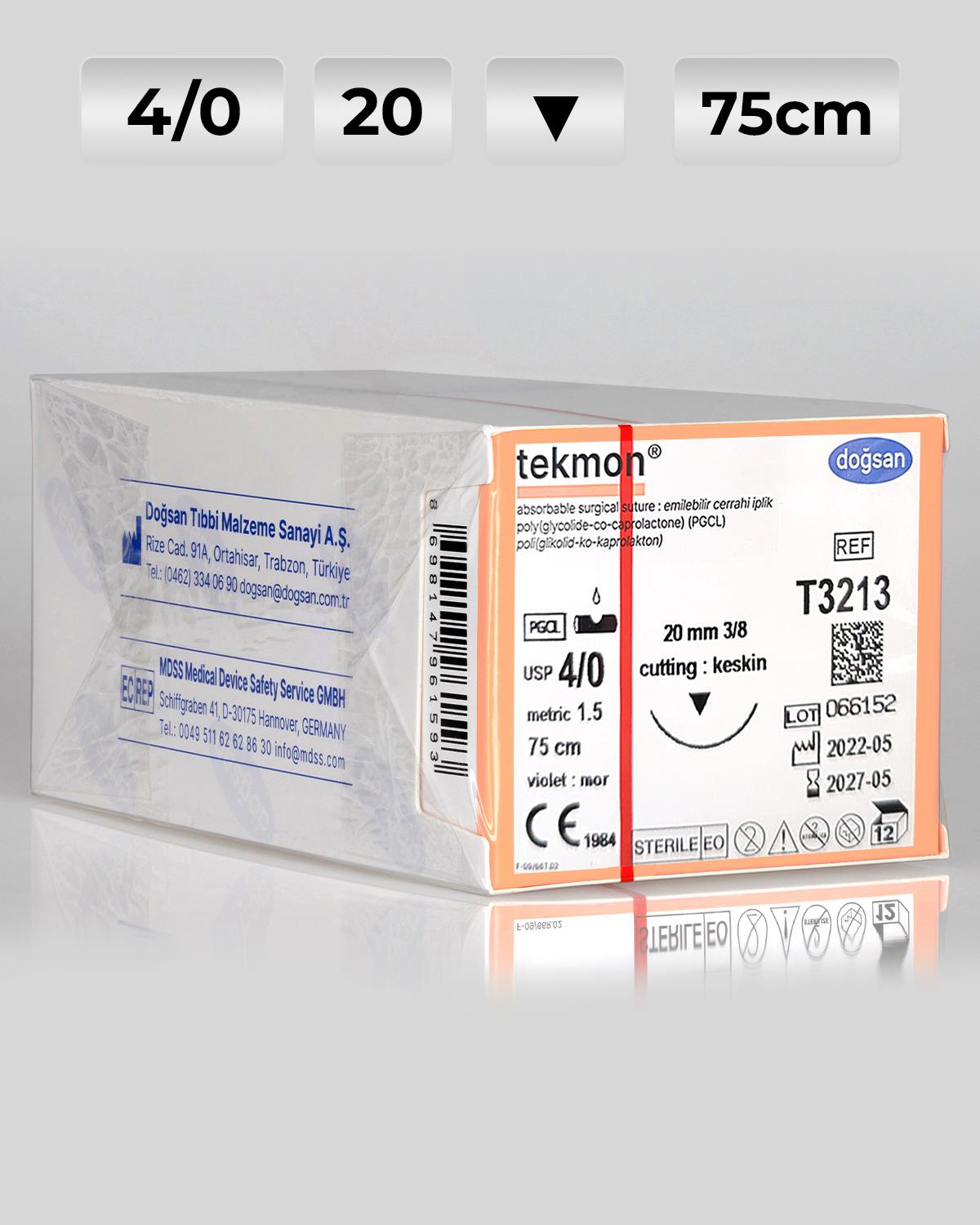 T3213 DOĞSAN Tekmon 4/0 20 3/8 Keskin (▼) 75cm PGCL Emilebilir Sütür 12 Ad./Pkt