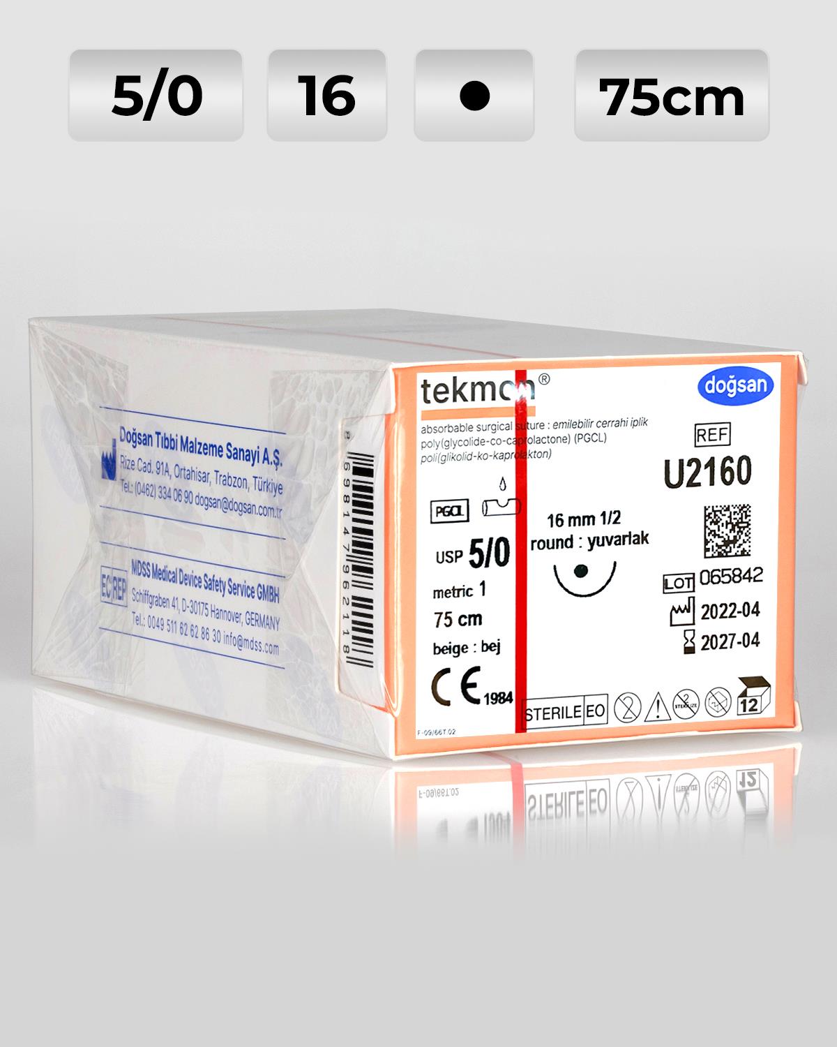 U2160 DOĞSAN Tekmon 5/0 16 1/2 Yuvarlak (●) 75cm PGCL Emilebilir Sütür 12 Ad./Pkt