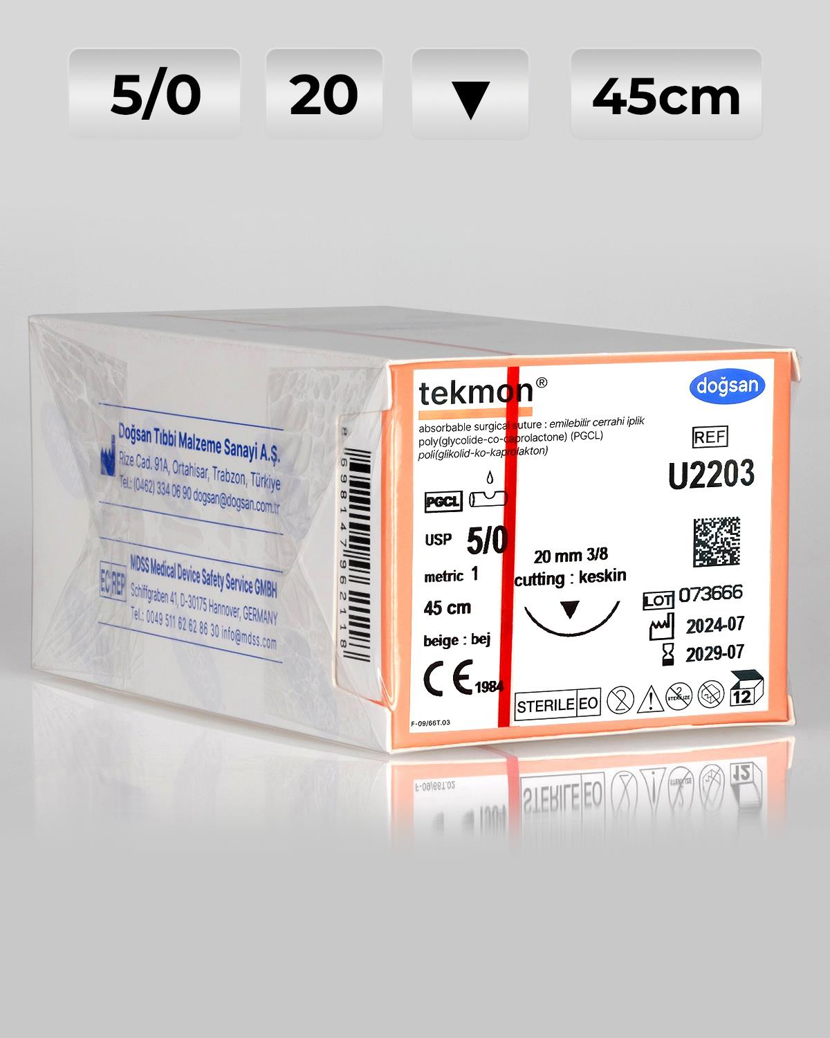 U2203 DOĞSAN Tekmon 5/0 20 3/8 Keskin (▼) PGCL Emilebilir Sütür