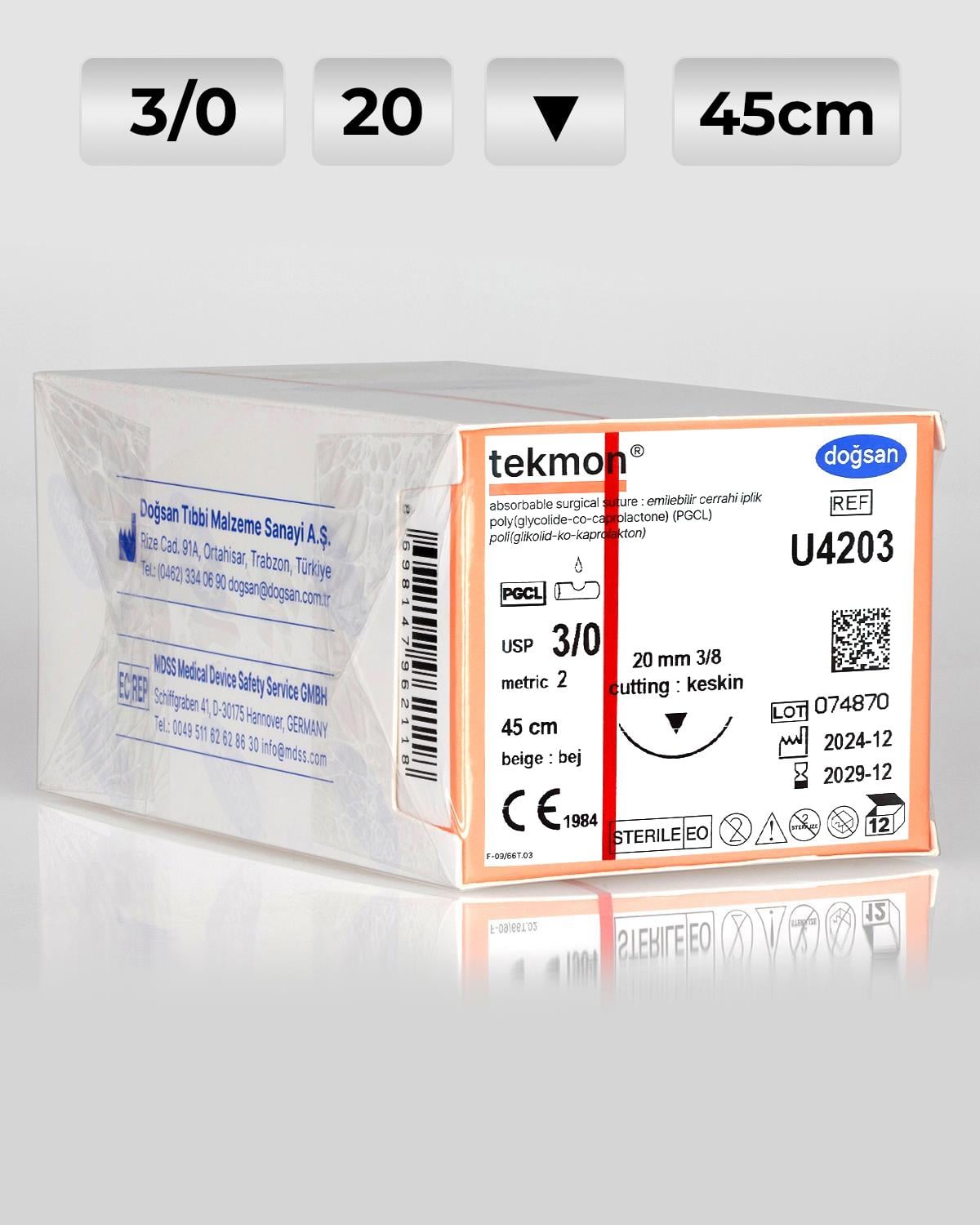 U4203 DOĞSAN Tekmon 3/0 20 3/8 Keskin (▼) 45cm PGCL Emilebilir Sütür 12 Ad./Pkt