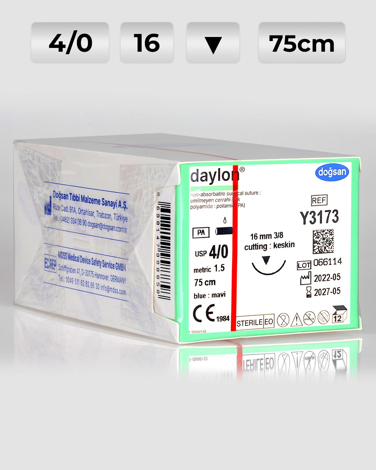 Y3173 DOĞSAN Daylon 4/0 16 3/8 Keskin (▼) 75cm Polyamid Emilemeyen Sütür 12 Ad./Pkt