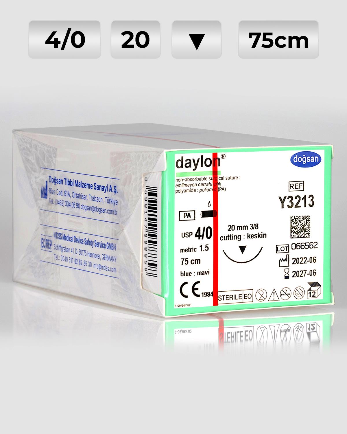 Y3213 DOĞSAN Daylon 4/0 20 3/8 Keskin (▼) 75cm Polyamid Emilemeyen Sütür 12 Ad./Pkt