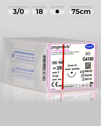 G4180 DOĞSAN Pegesorb 3/0 18 1/2 Yuvarlak (●) 75cm PGA Emilebilir Sütür 12 Ad./Pkt