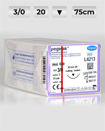 L4213 DOĞSAN Pegelak 3/0 20 3/8 Keskin (▼) 75cm PGLA Emilebilir Sütür 12 Ad./Pkt