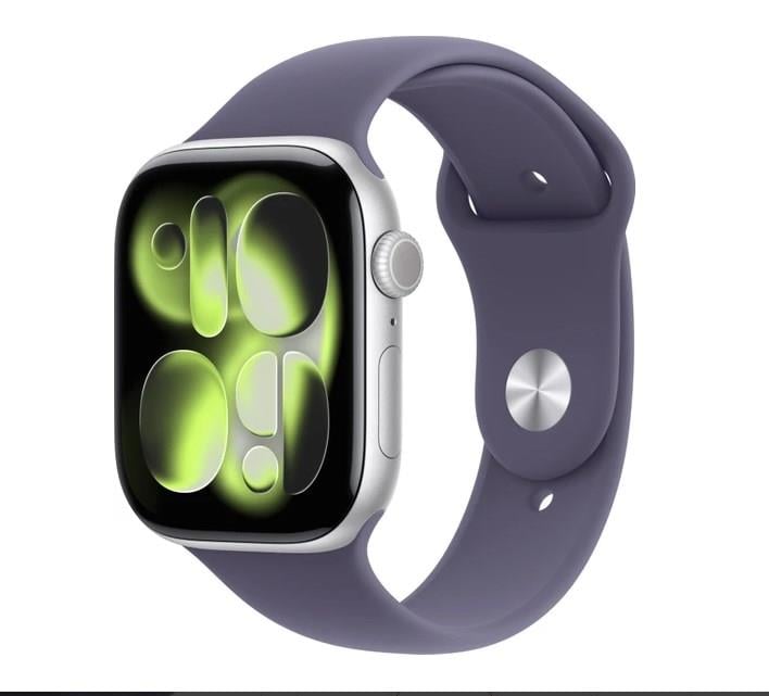 Apple Watch Seri 11 46 mm Gümüş rengi Alüminyum kasa ve Sis moru Spor kordon - S/m