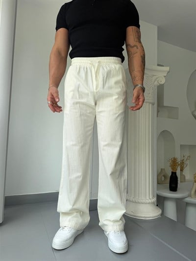 Ekru GG Cavello Bağcıklı Baggy Keten Pantolon