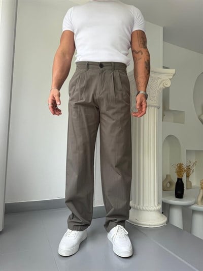 Haki GG Cavello Düğmeli Pileli Baggy Keten Pantolon
