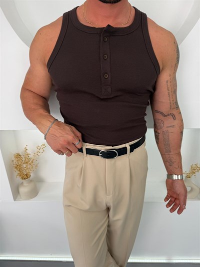 Kahve GG Düğmeli Fitilli Atlet