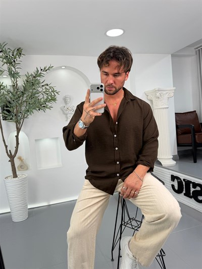 Kahve GG Gobiş Keten Oversize Gömlek