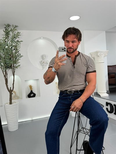 Kahve Mr Yatay Çizgili Henley Yaka Tshirt