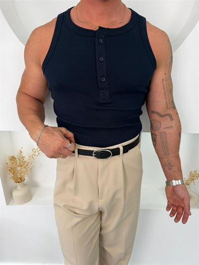 Lacivert GG Düğmeli Fitilli Atlet