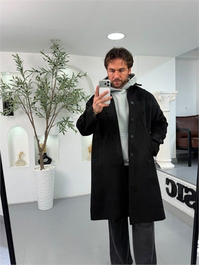 Siyah GG Oversize Basic Kaşe Kaban